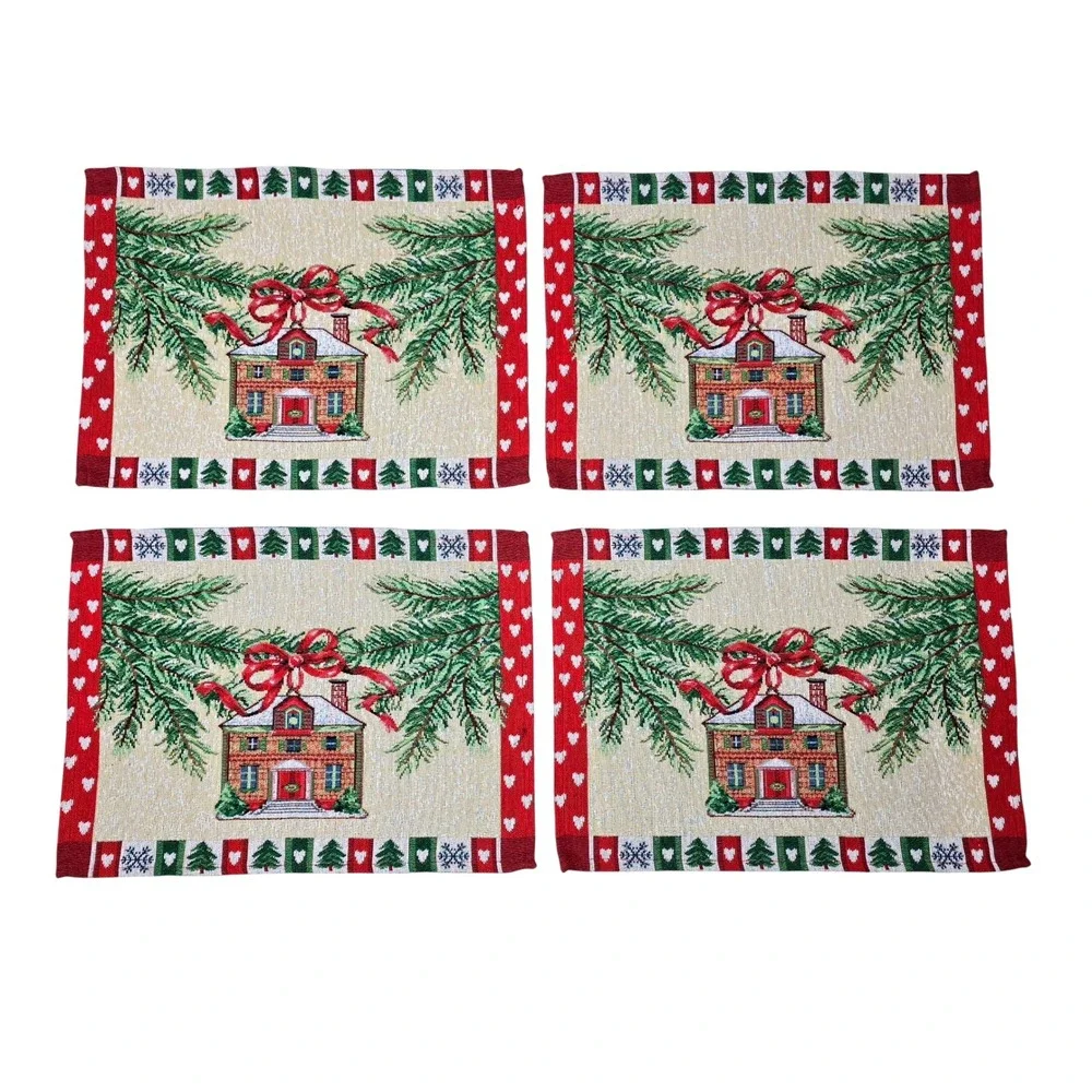 Vintage Christmas Tapestry Placemats Set Holiday Cottage Winter Decor 17.5x13